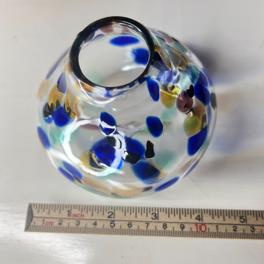 Vintage Signed Studio Art Glass Vase 4 in Cobalt Blue Amber Aqua Spot Pattern - Picture 9 of 10